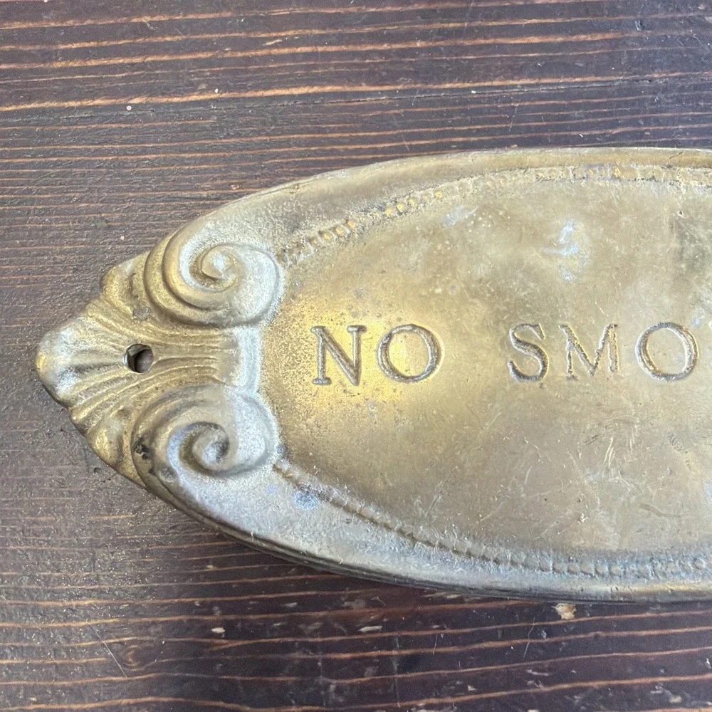 Vintage 1970s Solid Brass No Smoking Sign Plaque Wood Wall Mount Office Library